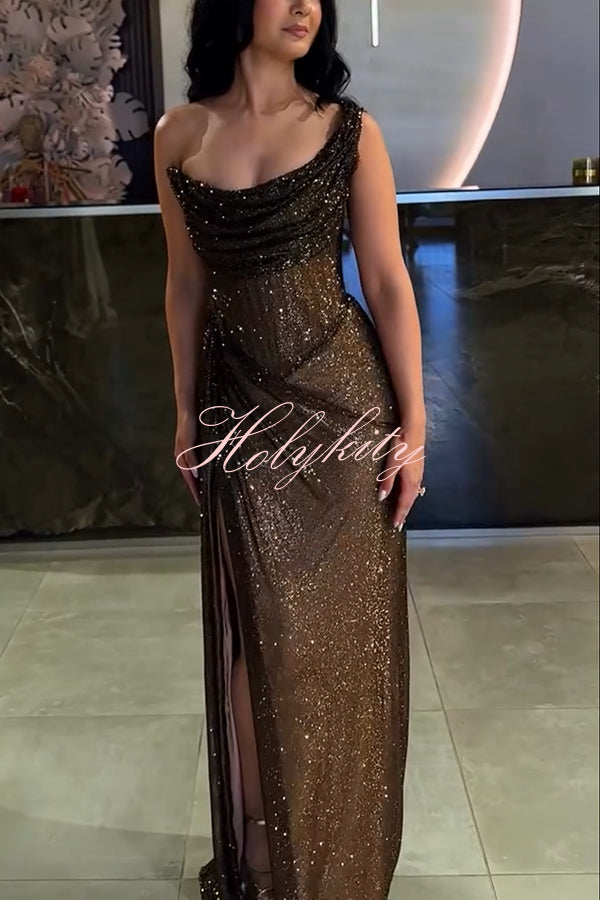 Glitzy Gala Sequin One Shoulder Ruched Slit Maxi Dress