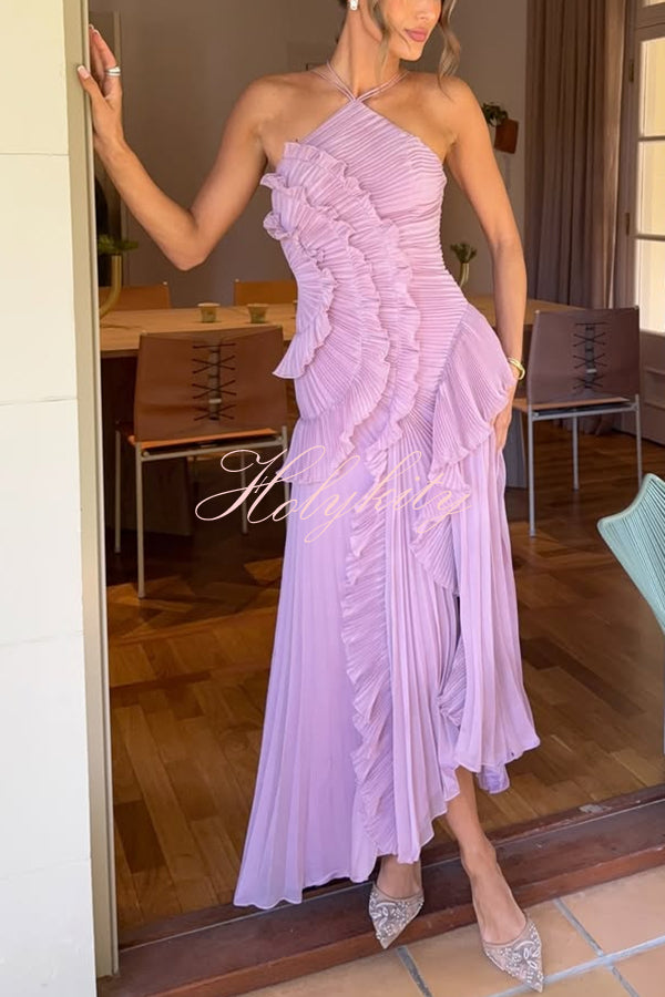 Dream Ode Lily Pad Style Pleats and Ruffles Halter Gown Maxi Dress