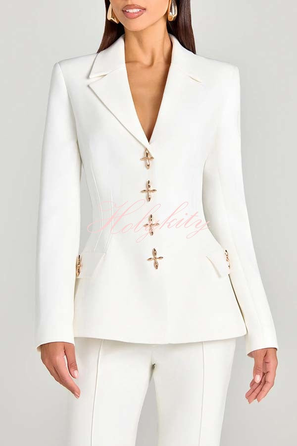 Women Power Metal Cross Snap Button Long Sleeve Lapel Blazer