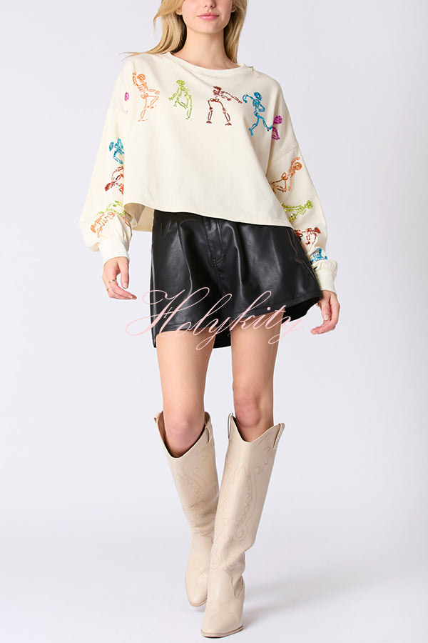 Halloween Skull Sequin Loose Crop Casual Sweatshirt