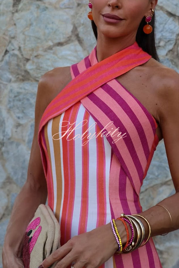 Sunset Breeze Linen Blend Colorful Stripes Cross Halter Flare Maxi Dress