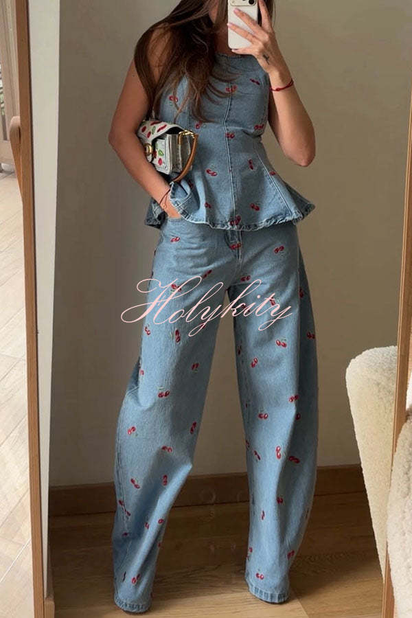 Sweet Casual Denim Cherry Print Princess Seams Flare Vest Top