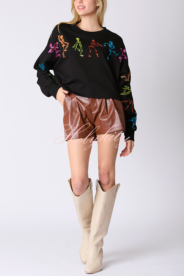 Halloween Skull Sequin Loose Crop Casual Sweatshirt