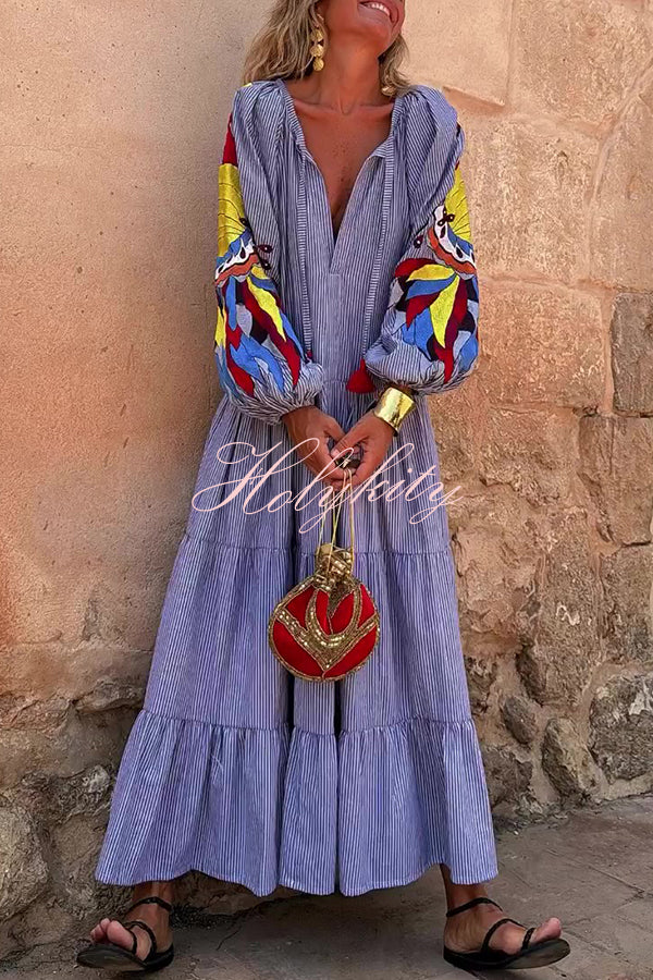 Unique Printed V-neck Lace-up Balloon Sleeves Loose Maxi Dress