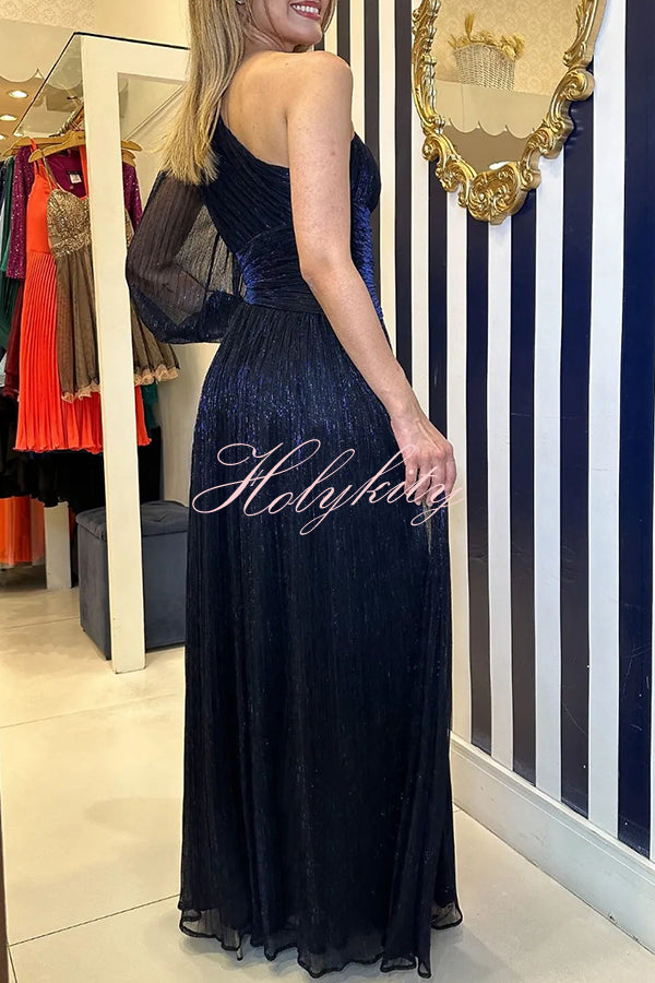 Concert Chic Pleated Shiny Fabric One Shoulder Cutout Maxi Dress