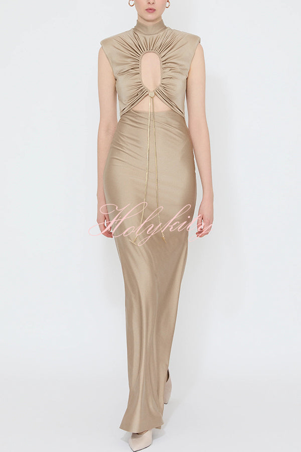 Genis Hollow Elastic Bust High Neck Sleeveless Gathered Maxi Dress