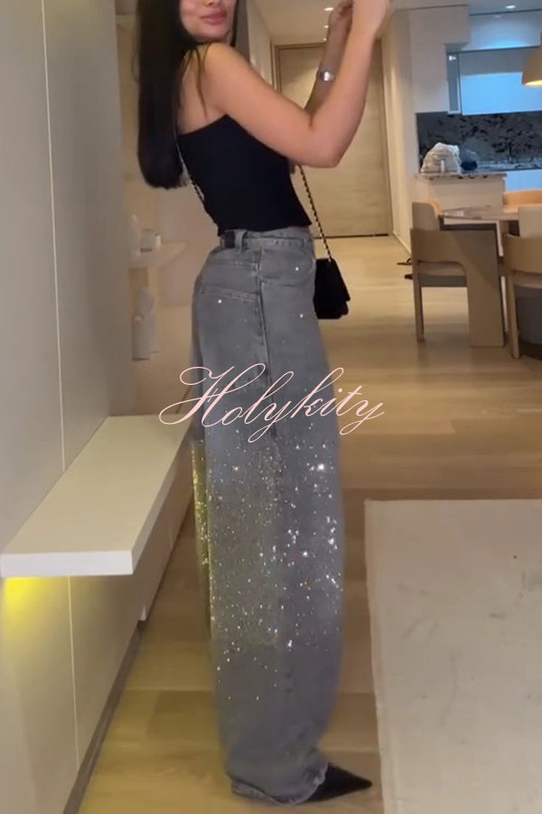 Fashion Star Rhinestone High Rise Casual Pocket Straight Loose Jeans