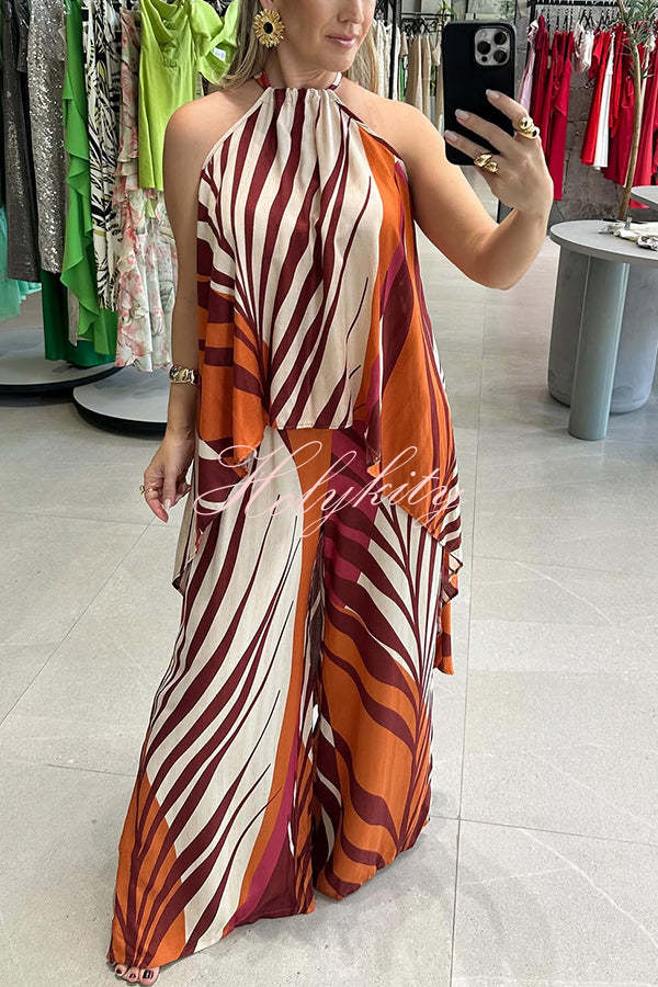 Edina Unique Print High Low Halter Loose Top and Elastic Waist Pocketed Wide Leg Pants Set