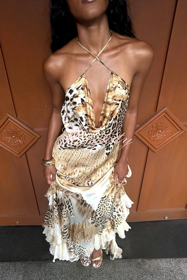 Coral Satin Leopard Print Halter Cowl Neck Exaggerated Ruffles Hem Maxi Dress