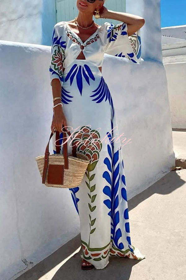 Linen Blend Unique Printed V-Neck Hollow Backless Lace-Up Holiday Maxi Dress