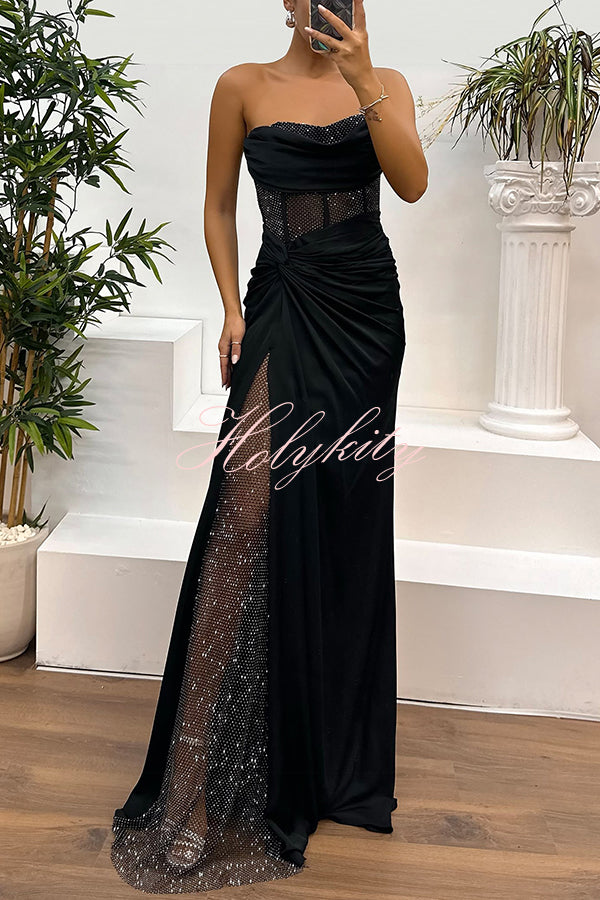 Audrey Satin Paneled Mesh Sequin Fabric Off Shoulder Ruched Drape Maxi Dress