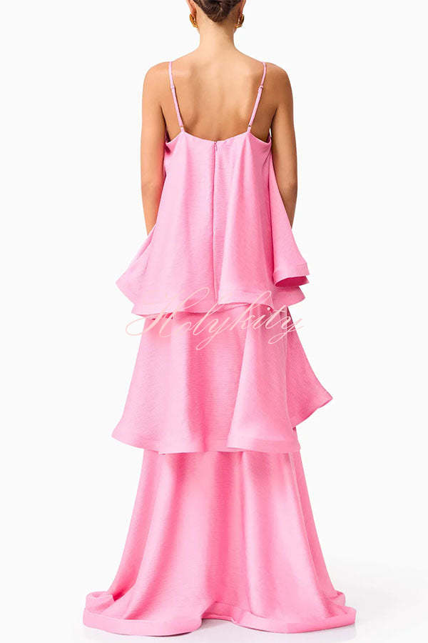 Soft and Smooth Satin Tiered Slip Square Neck A-line Maxi Dress