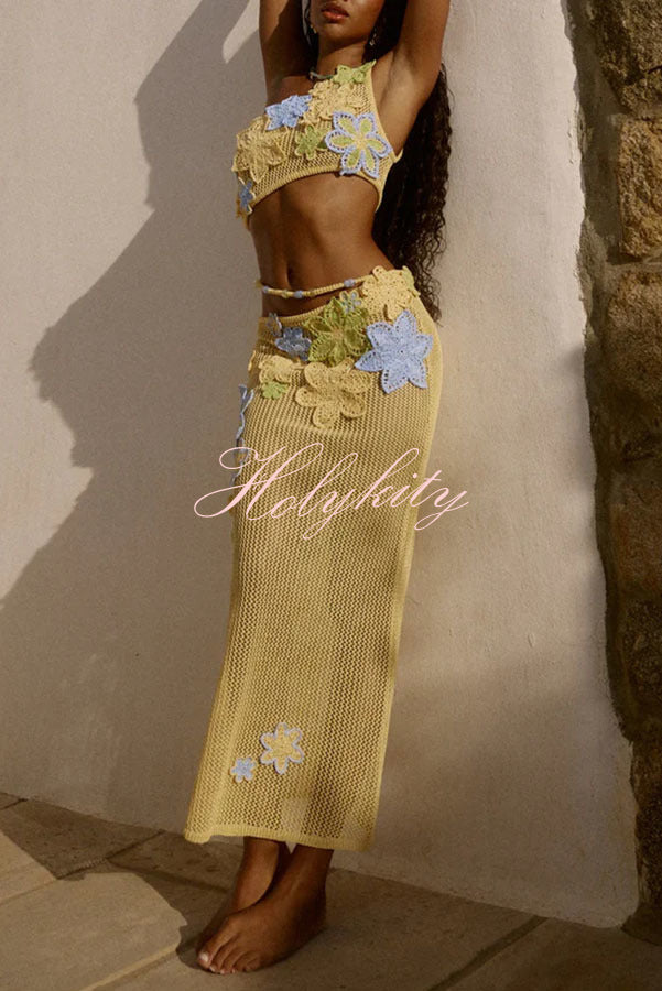 Luxe Knit Crochet Handmade Flower Beaded Waist Stretch Maxi Skirt