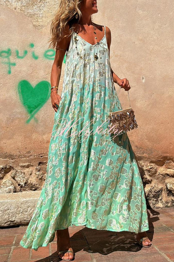 Bianca Tie Dye Gradient Flower Print Pocketed A-line Slip Maxi Dress