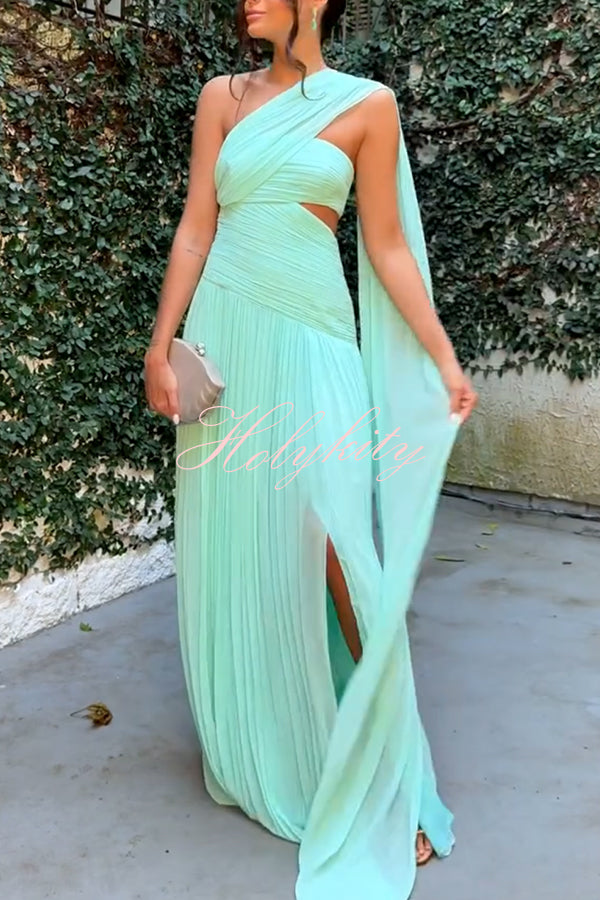 Forest Muse Chiffon Pleated Off Shoulder Cutout Waist Cape Maxi Dress