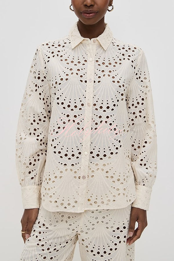 Lillah Embroidered Lace Shell Pattern Long Sleeve Loose Blouse