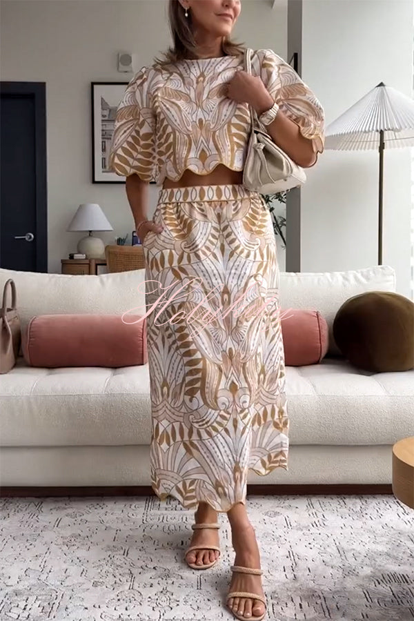 Korra Linen Blend Unique Print Wave Trim Bell Sleeve Top and Elastic Waist Pocket Midi Skirt Set