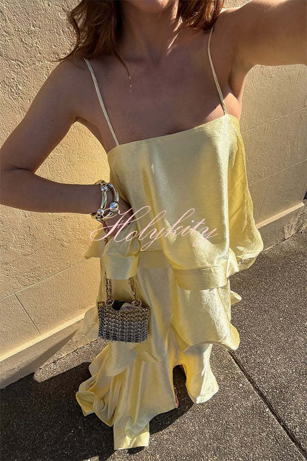 Soft and Smooth Satin Tiered Slip Square Neck A-line Maxi Dress