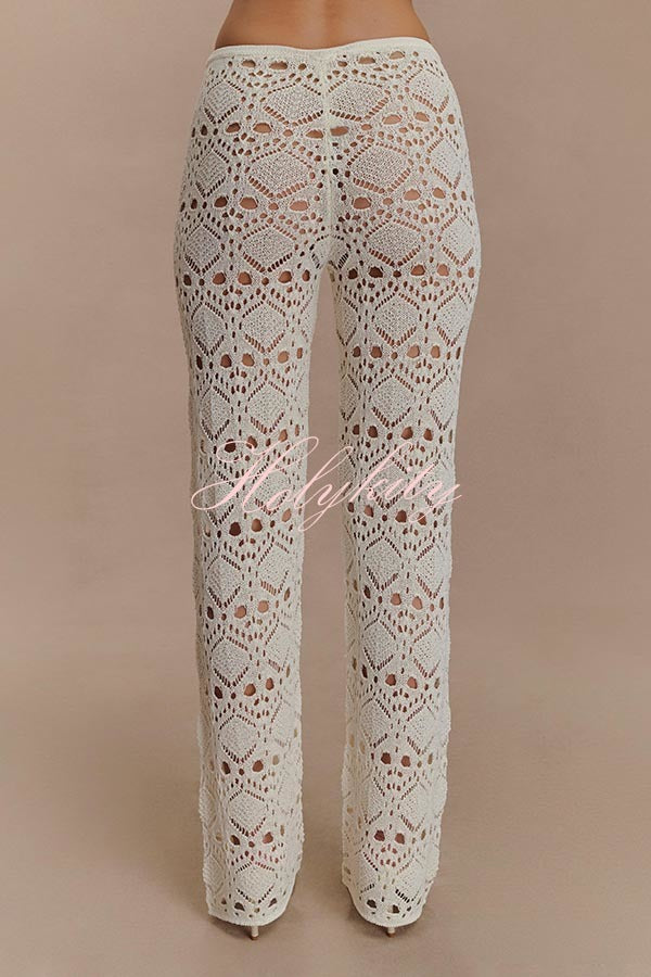 Trena Crochet Knit Hollow Mid Rise Stretch Wide Leg Pants