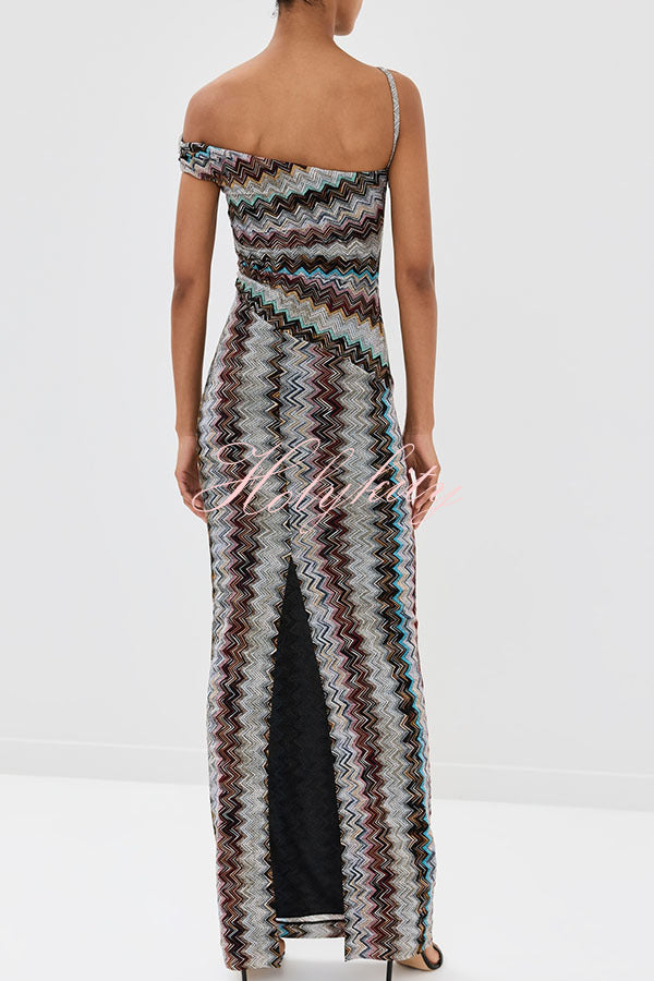 Cocktails and Vacation Knit Colorful Zigzag Pattern One Shoulder Slit Maxi Dress