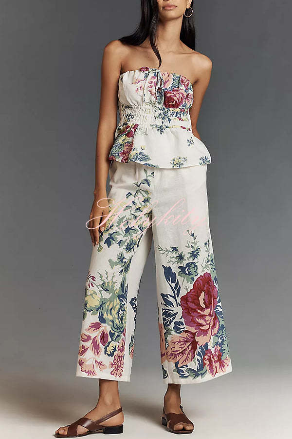 In To The Summer Linen Blend Floral Print Elastic Bandeau and Elastic Waist Pocket Loose Pants Set