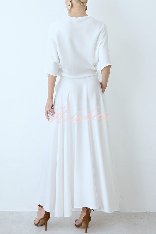 Modern and Elegant Satin Half Wide Sleeve Wrap Style Pocket Slit Loose Maxi Dress