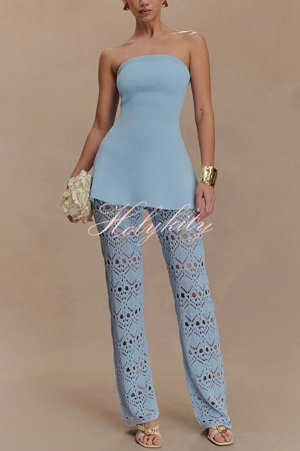 Trena Crochet Knit Hollow Mid Rise Stretch Wide Leg Pants