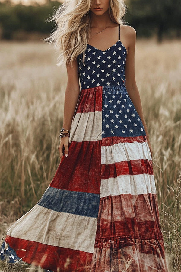 Independence Day Print Sleeveless Casual Loose Maxi Dress
