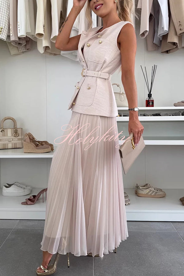 Relaxed and Elegant Round Neck Button Up Belted Pocket Loose Vest