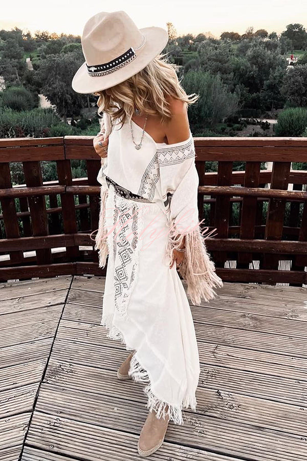 Beach Chic Linen Blend Ethnic Print Patchwork Tassel Elastic Waist A-line Skirt