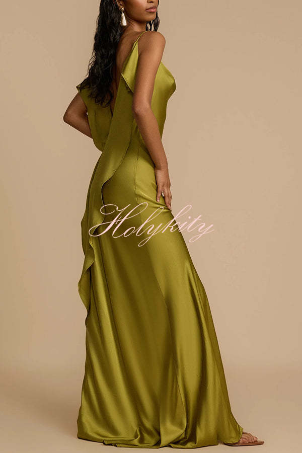 Evening Date Satin Cowl Neck Drape Ruffle Backless Bias Cut Party Maxi Dress