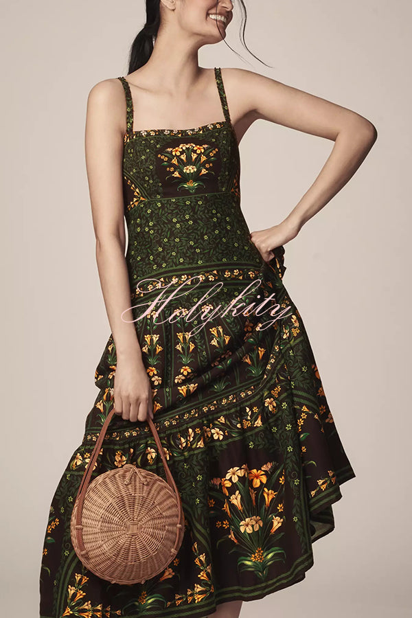 Tropical Look Linen Blend Floral Print Square Neck Back Smocked Midi Dress