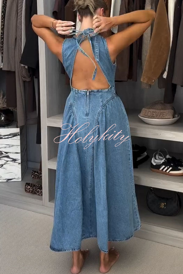 Classic and Stylish Denim Open Back Tie-up Gathered Hip Stretch Midi Dress