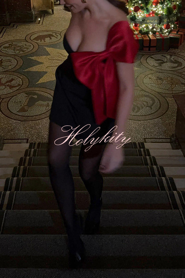 The Best Gift Satin Contrast Color Bow Detail Off Shoulder Mini Dress