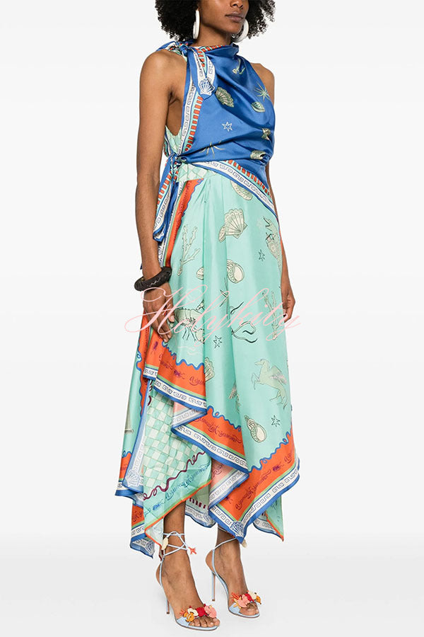 Surrealist Summer Satin Unique Print Tie-up Details Layered Hem Scarf Maxi Dress