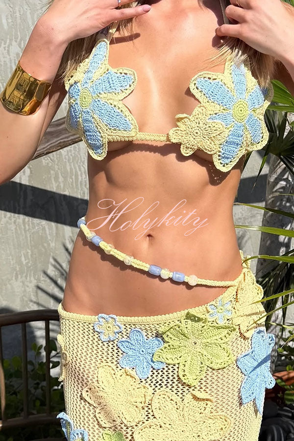 Luxe Knit Crochet Handmade Flower Beaded Waist Stretch Maxi Skirt