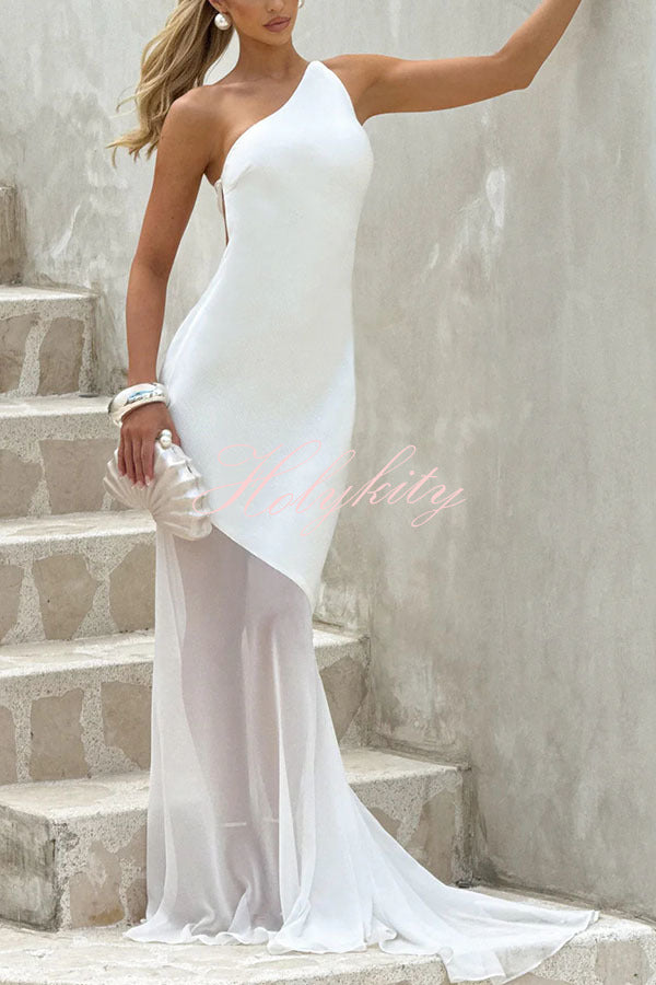 Fable Satin One Shoulder Back Adjustable Straps Contrast Chiffon Hem Maxi Dress