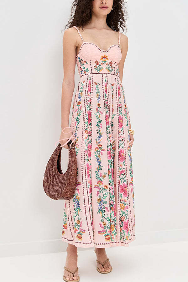 Linen Blend Delicate Forest Unique Print Sweetheart Neck Beaded Straps Maxi Dress