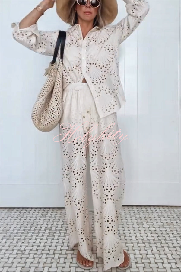 Lillah Embroidered Lace Shell Pattern Long Sleeve Loose Blouse