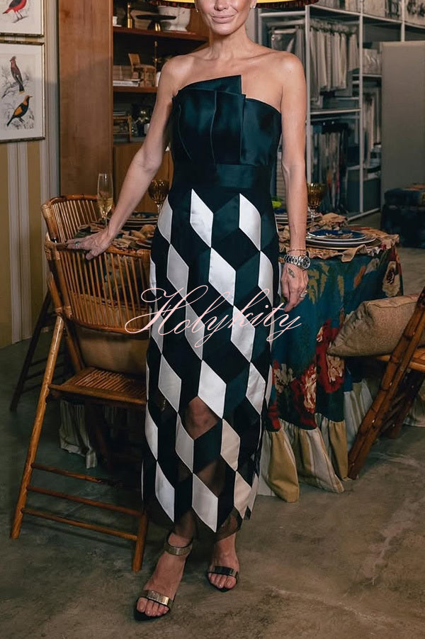 Sexy Tube Top and Backless Rhombus Contrast Midi Dress