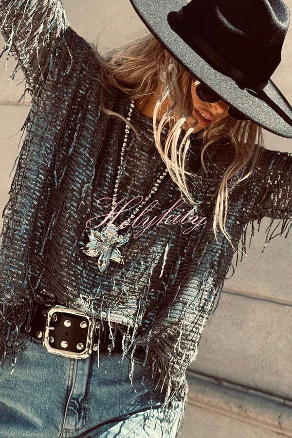 Party Crasher Sequin Tassle Fabric Long Sleeve Loose Top