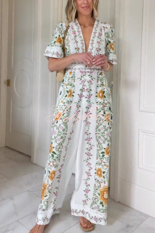 Natural Charm Linen Blend Floral  Print Short Sleeve Pocketed Wide Leg Jumpsuit