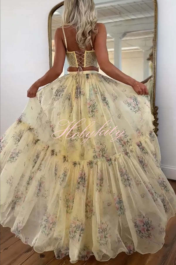 Vita Floral Satin Bow Lace Back Lace-up Crop Tank and Tulle High Rise A-line Maxi Skirt Set