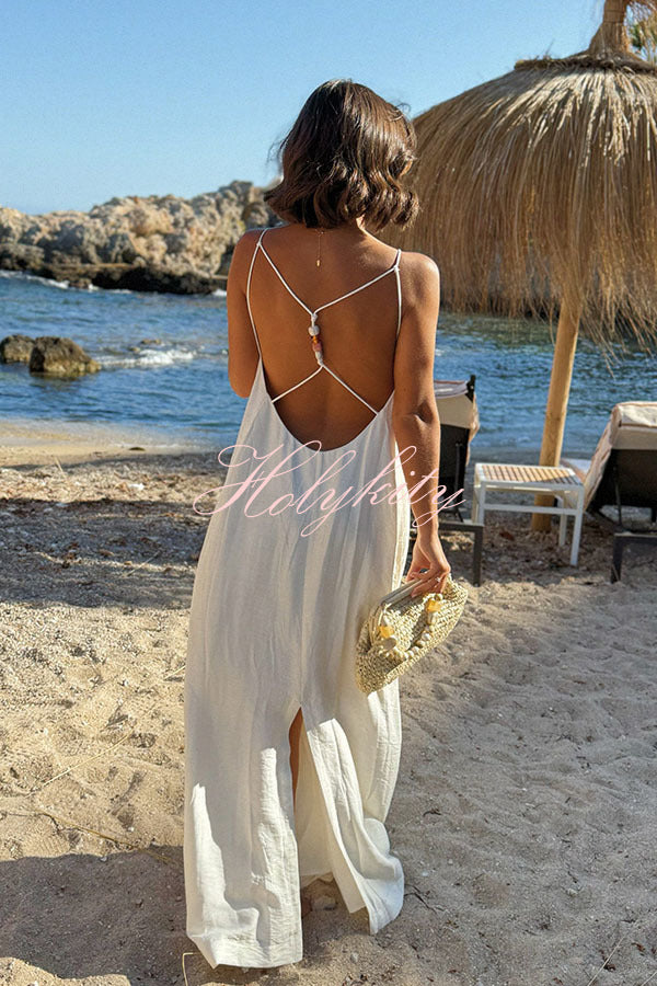 Sunny Beach Straps Unique Beaded Detail Backless Slit Maxi Dress