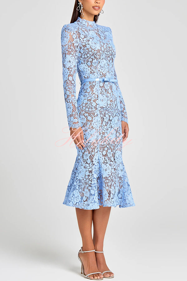 Feminine and Elegant Flower Lace Long Sleeve Bow Belted Flare Midi Dress