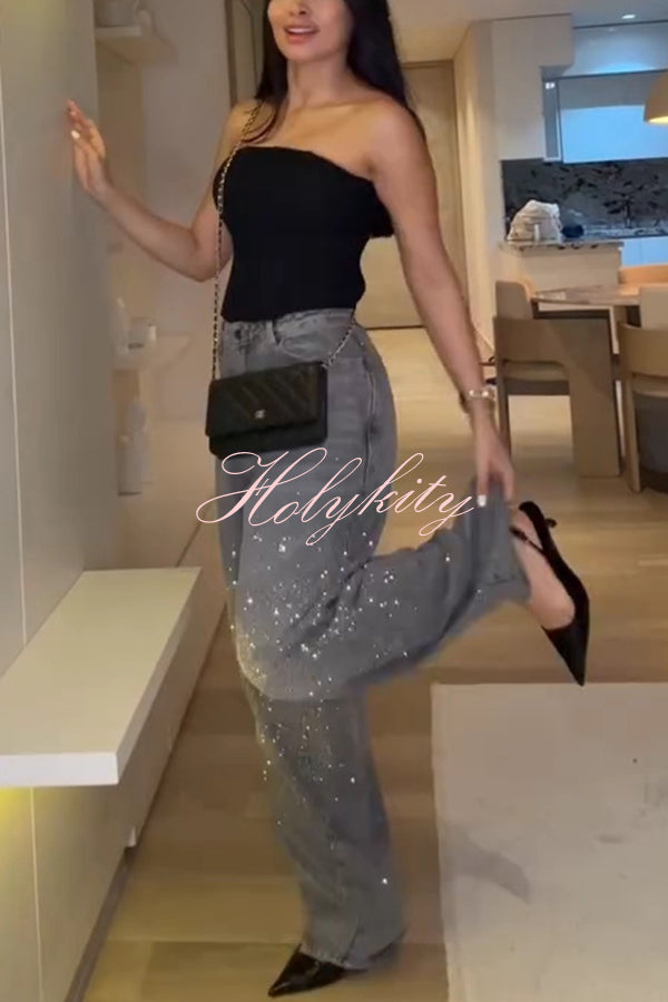 Fashion Star Rhinestone High Rise Casual Pocket Straight Loose Jeans