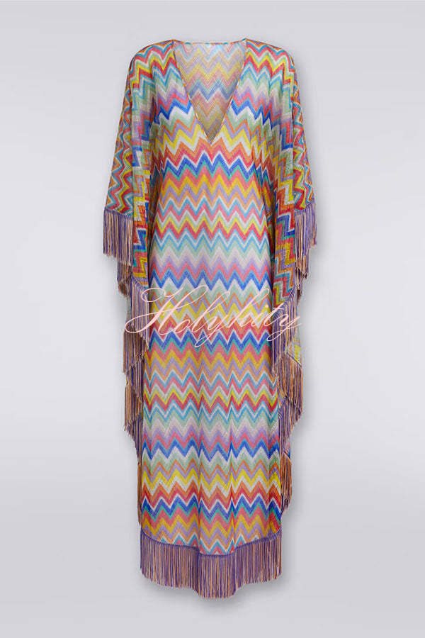 Casie Knit Colorful Zigzag Pattern Fringe Trim Cover-up Vacation Maxi Dress