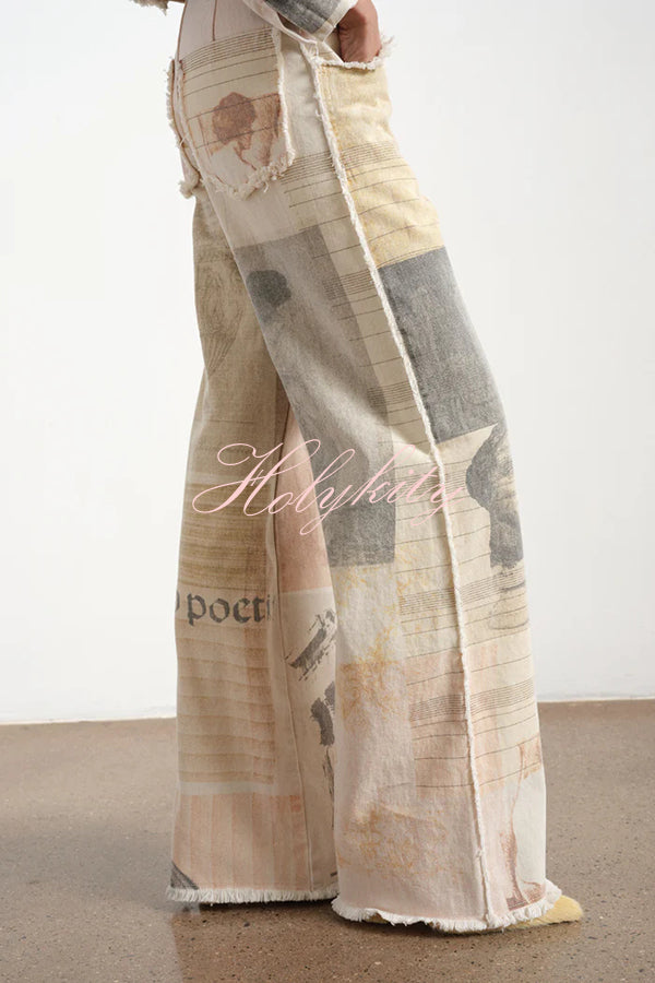 Historic Imagery Unique Print High Rise Pocketed Wide Leg Jeans