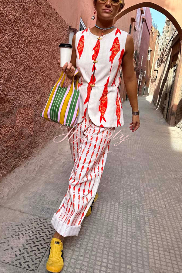 Good Luck Linen Blend Koi Pattern Metal Buttons Waisted Vest