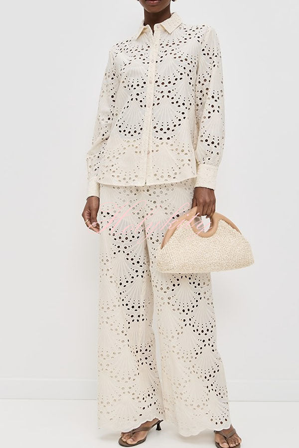 Lillah Embroidered Lace Shell Pattern Long Sleeve Loose Blouse